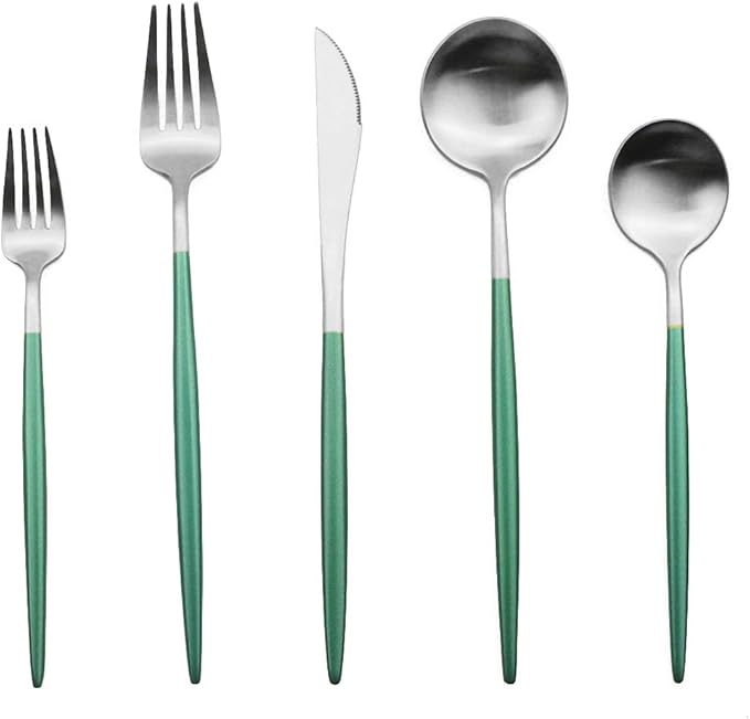 Gugrida Luxury Flatware, Royal 20 Piece Matte White Handle 18/10 Stainless Steel Tableware Sets for 4 Including Forks Spoons Knives, Camping Silverware Travel Utensils Set Cutlery (Green Silver)
