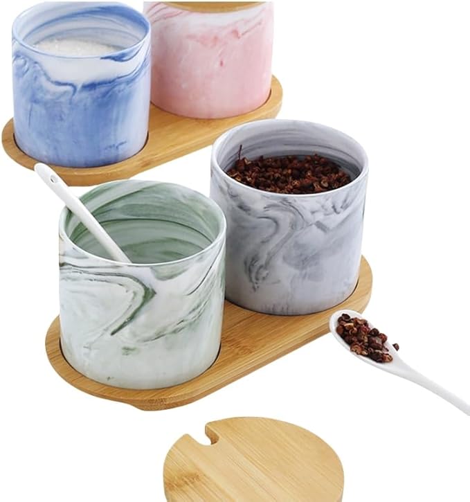 Marble Ceramic Sugar Bowl,300ml Porcelain Salt Bowl Condiment Jar Spice Container with Baboo Lids Spoon,Spice Jar Seasoning Condiment Pot Honey Jar for Home Kitchen (Grey)