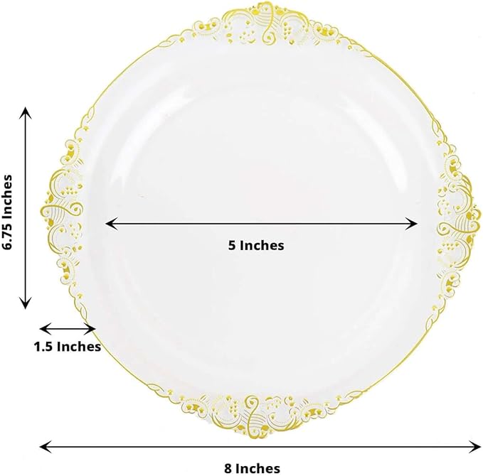 8" Salad Plates -Set of 30 - Plastic Clear Gold Round Baroque Disposable Chargers Leaf Embossed Rim, Ideal for Dinner Party Wedding Bulk Events