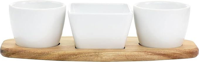 EFFETTO 3 Bowl Tidbit Set | 1 Square & 2 Round Bowls | On An Acacia Wood Tray | Ceramic | Great For Dips, Bite-Sized Sweets, and Snacks