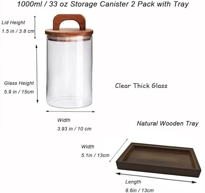 Glass Kitchen Canisters with Airtight Acacia Wooden Lid, Airtight Food Storage Jar with Handle,Canisters for Bathroom Decor with Vanity Tray (2, Brown Wooden Lid, 33 oz)