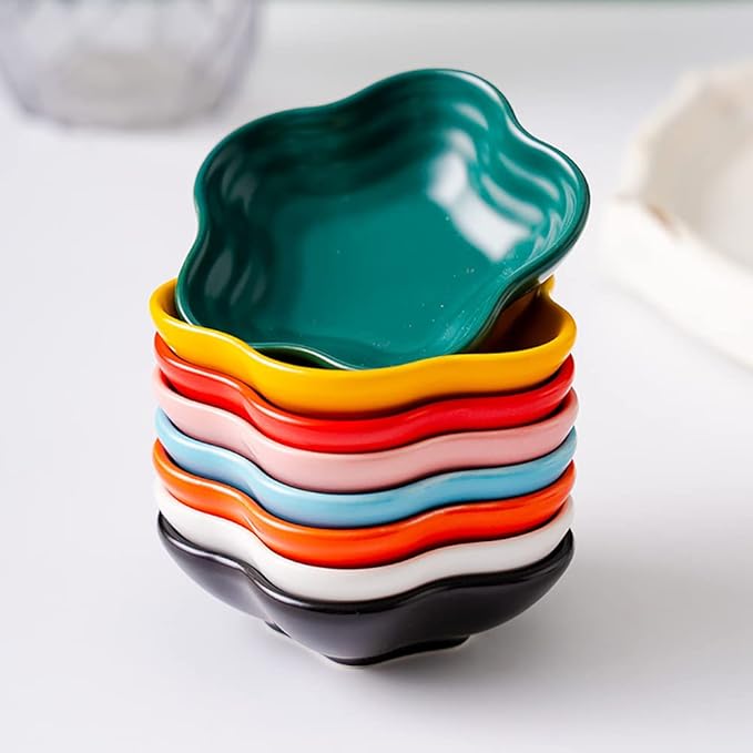 Gaolinci 3.5 Inches Flower Shape Ceramic Sauce Dish,Mini Side Seasoning Dish,Snack Serving Dishes,Porcelain Small Saucer Set(Plum Flower, Set of 4)