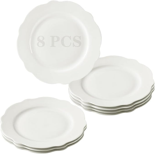 10.5 Inch Porcelain Large Dinner Plates Set of 8, White Leave Wave Rim Appetizer Salad Plates, Ceramic Dinnerware Serving Plate for Pancakes, Steak, Pasta, Pizza, Microwave, Dishwasher Safe
