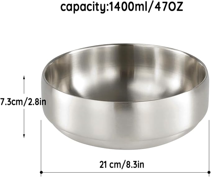 SANQIAHOME 47oz/8.3" Quality Stainless Steel Salad Bowl 2pcs/set – Double-walled Anti-scald, Dishwasher Safe, Large Serving Bowl for Family & Parties Silver, large-capacity soup bowl
