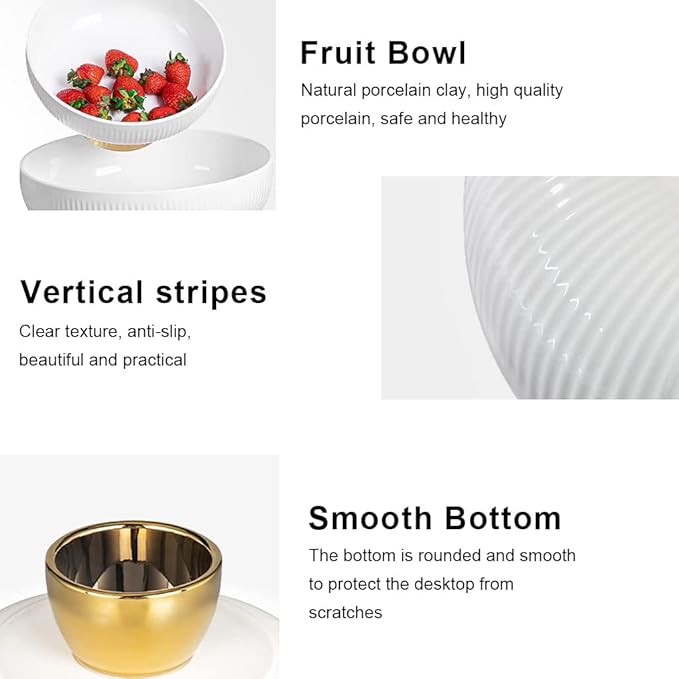 Ceramic Fruit Bowl,11-Inch Large Decorative Bowls,White Pedestal Tray and Gold Base, Fruit Bowl for Kitchen Counter, Bread and Fruit Trays,Salad or Dessert Display Trays for Parties. (XL)