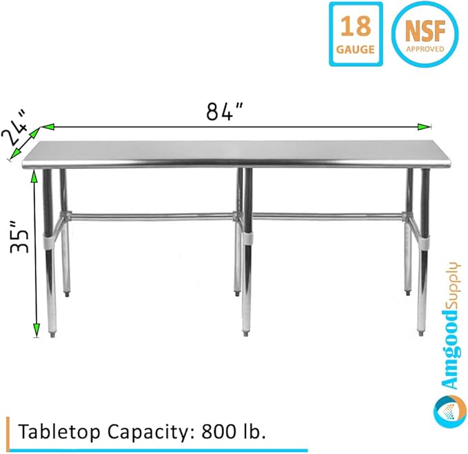 AmGood Stainless Steel Work Table Open Base | NSF Kitchen Island Food Prep | Laundry Garage Utility Bench (84" Long X 24" Deep)