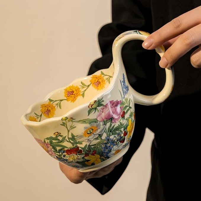 16.91oz/500ml Handpainted Soup Bowl with Handle,Ceramic Cereal Bowl Microwave &Dishwasher Safe,Loop Handle Bowl Great for Soup,Yogurt,Snack,Chip,Stew,Ice Cream,Coffee (Peony)