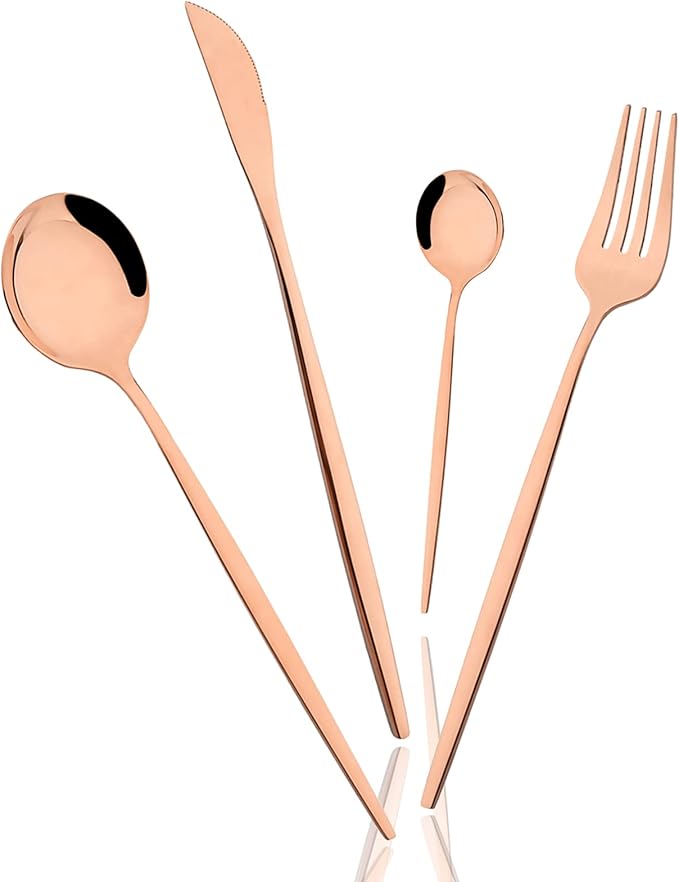 8 Piece Snplowum Flatware Set, 18/0 Stainless Steel Silverware For 2, Kitchen Wedding Gift Utensils For Couple Friend Home Daily Use, Travel Tableware Set, Mirror Rose Gold