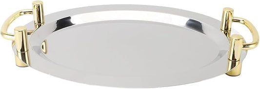 Stainless Steel Serving Tray, Silver Tray with Handles Mirror Polished Dinner Dessert Plate for Home Kitchen Restaurant Hotel Buffet (Rectangle Shape with Gold Handle, 39cm)