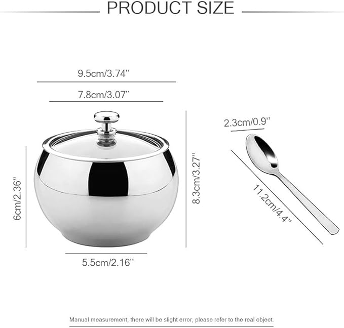 Stainless Steel Sugar Bowl with Lid and Spoon, Polished Shiny Condiment Pots for Serving Sugar Pepper Salt Spice- 330ml/ 11.6 Oz