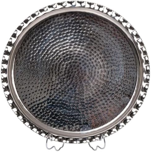 Handmade Turkish Copper Serving Tray 35cm (13.8 inch) - Traditional Gaziantep Design with Decorative Edges, Silver Finish