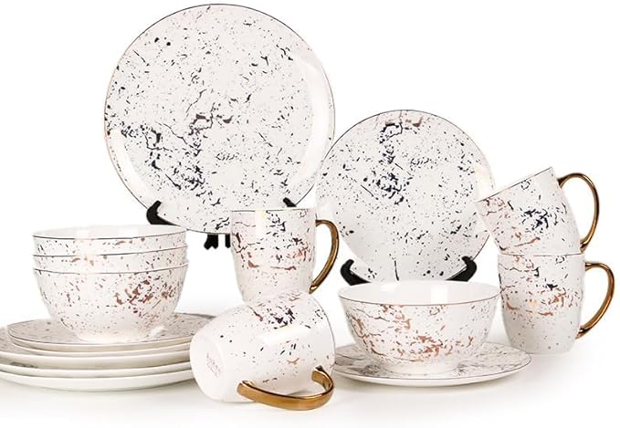 KOKEN - Plates and Bowls Sets for 4, Dinnerware Sets 16 Pc, Ceramic Dish Set, Round Dinner Set with Mugs, Dishwasher Microwave Safe, kitchen sets, Dishes set for 4 Christmas (Gold Christmas dinner)