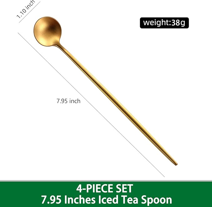 7.95 Inches Matte Gold Stainless Steel Iced Tea Spoons,Set Of 4 SS18/10 Cocktail Stirring Spoons,Long Handle Ice Teaspoons For Mixing,Coffee Stirrers,Ice Cream Spoon
