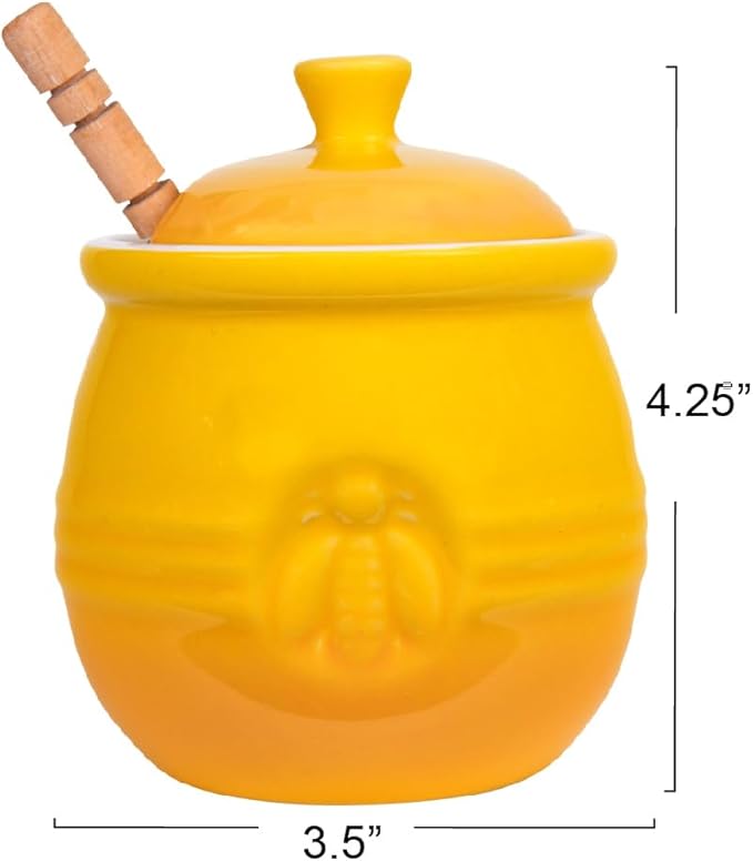 Creative Co-Op Yellow Stoneware Honey Pot with Lid & Wood Honey Dipper