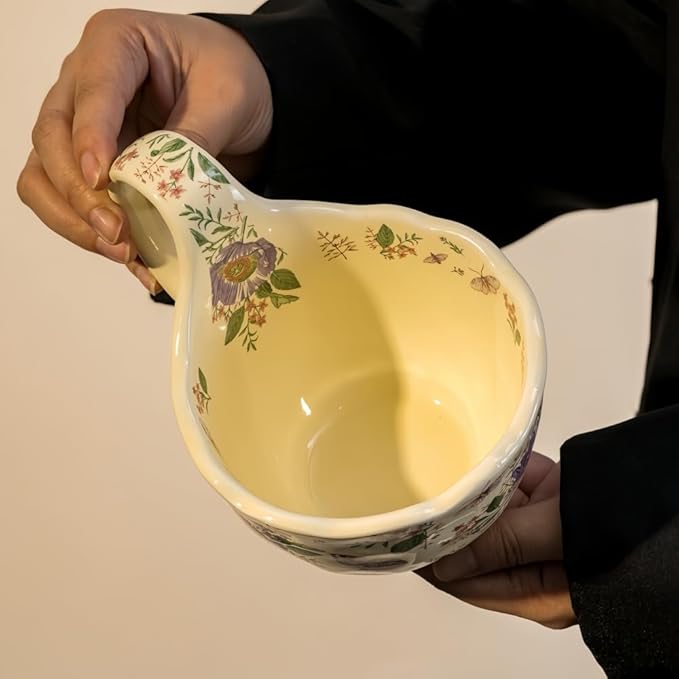 16.91oz/500ml Handpainted Soup Bowl with Handle,Ceramic Cereal Bowl Microwave & Dishwasher Safe,Loop Handle Bowl Great for Soup,Yogurt,Snack,Chip,Stew,Ice Cream,Coffee (Aster)