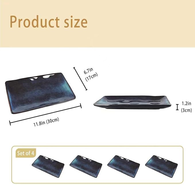 Ceramic Rectangular Plates, Large Cookie Trays, Set of 4, Shatterproof, Dishwasher-Safe, Perfect for Sushi, Baguettes, Snacks, Appetizers, Rolls, or Table Centerpieces.