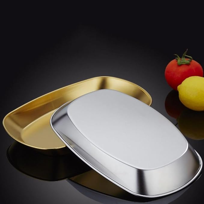 2 Pack 10 Inch Serving Tray Unbreakable 304 Stainless Steel Snack Plate for French Fries, Salad, Party & Kitchen,Silver Oval Vanity Tray for Bathroom Jewelry,Makeup Cosmetic