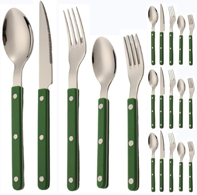 ABS Rivet Handle Marble Pattern Handle Kitchen Stainless Steel Silverware Tableware Flatware Cutlery Knives Forks Spoons Set,Butter Knife Dessert Spoon Fork (Green,20 pieces)