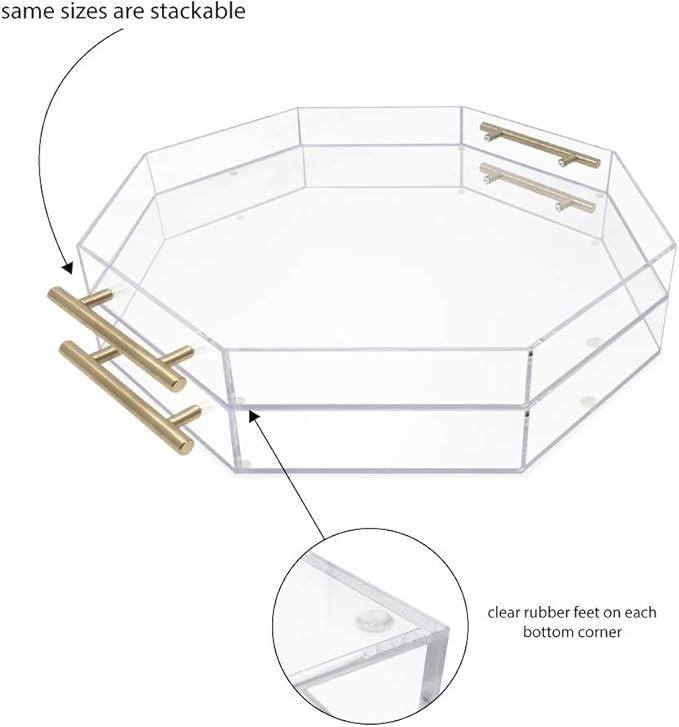 Isaac Jacobs Clear Octagon Acrylic Serving Tray (18x18) with Gold Metal Handles, Spill-Proof, Stackable Organizer, Food & Drinks Server, Lucite Storage (18x18 Octagon, Clear with Gold Handle)