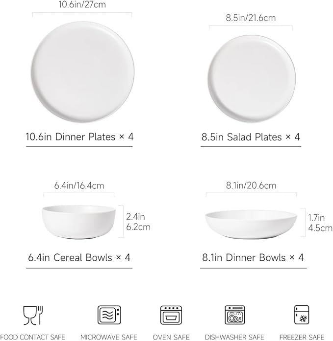 Stoneware Dinnerware Set, 16 Piece Plates and Bowls Set for 4, Microwave and Dishwasher Safe Tableware (white)