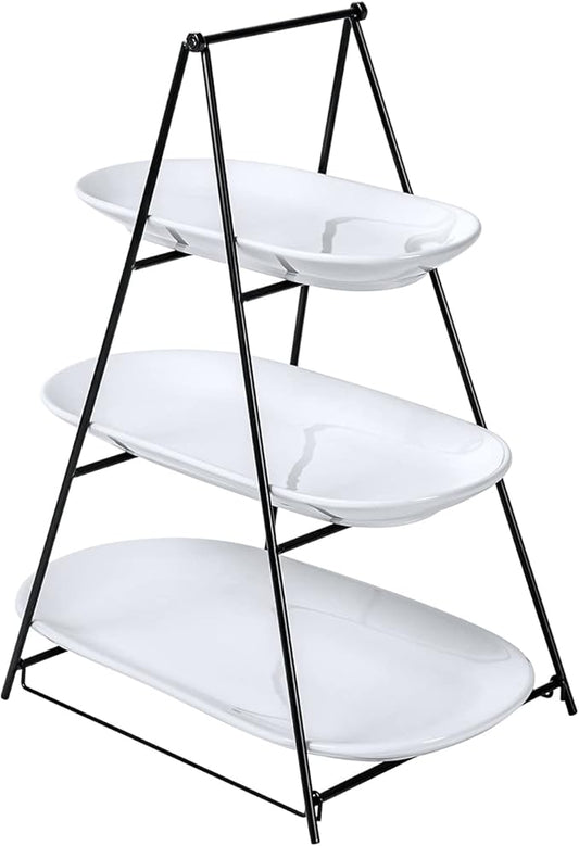 UNICASA 3 Tier Serving Tray for Parties – White Oval Porcelain Serving Platters and Trays with Collapsible Metal Stand – Tiered Dessert Stand for Cake, Snacks, Appetizers, Fruits, Chips & Dips