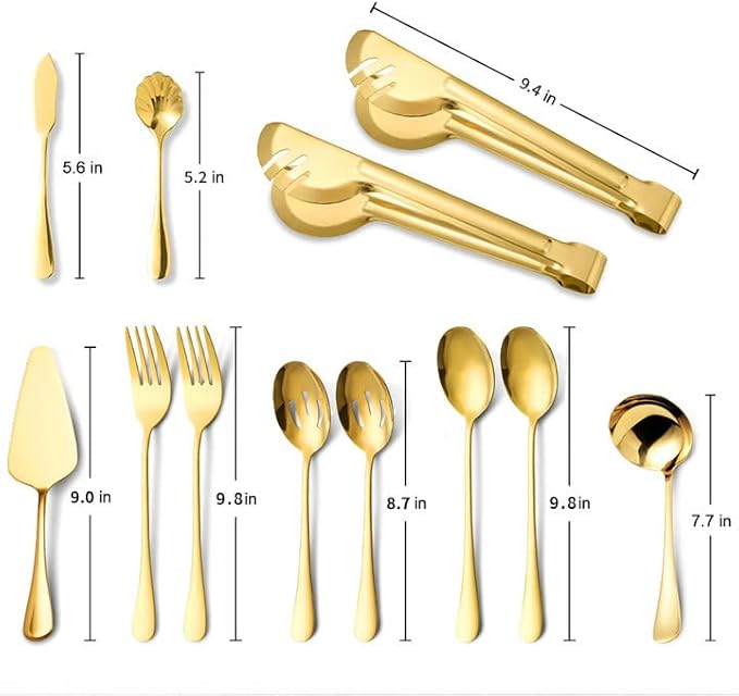 Gold Serving Utensils Set of 12, Stainless Steel Serving Sets with, 9.8''Serving Forks, Slotted Spoons, Tongs, Ladle, Butter Knife, Pie, Serving Utensils in Gold for Parties,Buffet, Wedding