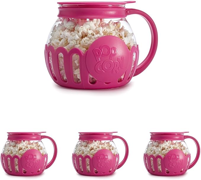 Ecolution Patented Micro-Pop Microwave Popcorn Popper with Temperature Safe Glass, 3-in-1 Lid Measures Kernels and Melts Butter, Made Without BPA, Dishwasher Safe, 1.5-Quart, Pink (Pack of 4)