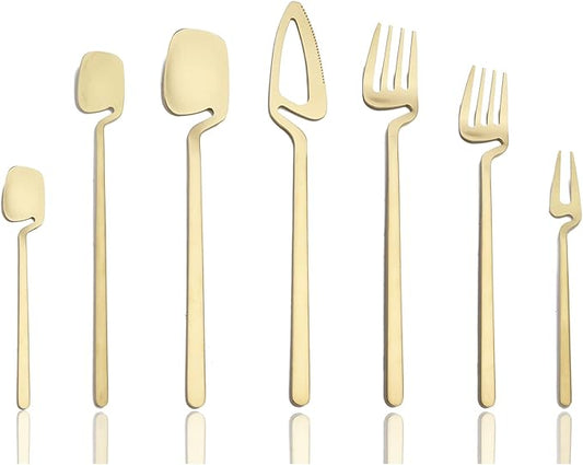 JASHII Hanging Cup Silverware Set, Satin Finish 28-Piece 304 Stainless Steel Flatware set, Tableware Cutlery Set Service for 4, Utensils for Kitchens, Dishwasher Safe - Matte Champagne Gold
