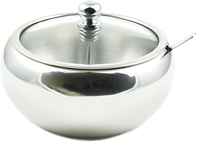 Zoie + Chloe Stainless Steel Sugar Bowl with Glass Lid - Bonus Spoon - 2 Cup Capacity (500ml)