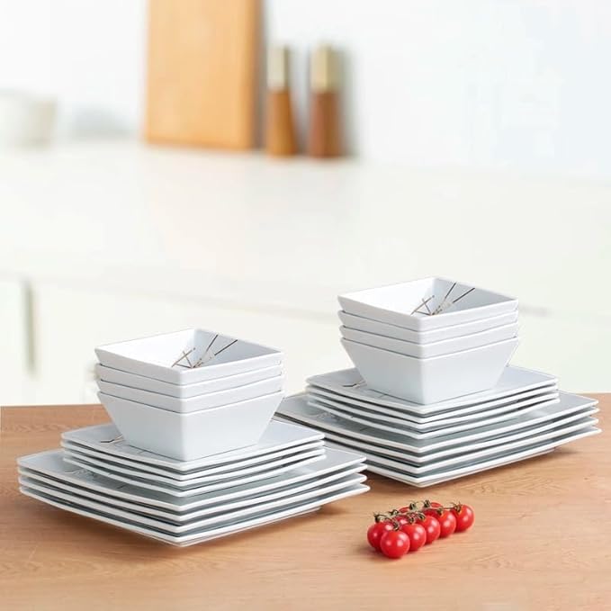 DOMINI 12-Piece Kitchen Dinnerware Set, Service for 4, Porcelain Dishes Dinner Set, Square Dinnerware Sets with Dinner Plates, Dessert Plates and Pasta Bowls,White gold line