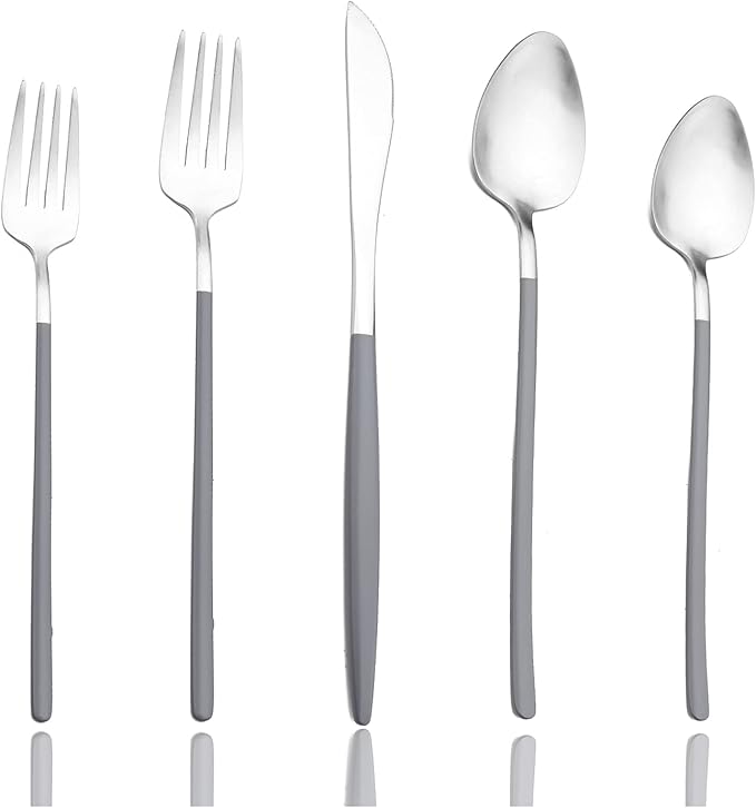 JASHII Matte Grey and Silver Silverware Set, 304 Stainless Steel Flatware Set Service for 4, Tableware Cutlery Set for Home Restaurant Party, Dinner Forks/Spoons/Knives, Slim Handle, Dishwasher Safe