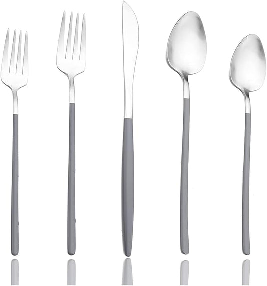 JASHII Matte Grey and Silver Silverware Set, 304 Stainless Steel Flatware Set Service for 4, Tableware Cutlery Set for Home Restaurant Party, Dinner Forks/Spoons/Knives, Slim Handle, Dishwasher Safe