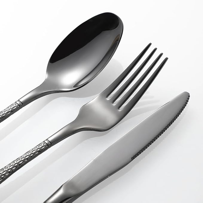 Hammered Black Silverware Set,20 Piece Modern Flatware Set Service for 4,Mirror Polished Stainless Steel Cutlery Set Utensil Set Tableware Set,Kitchen Knives Forks Spoons Set,Dishwasher Safe ﻿