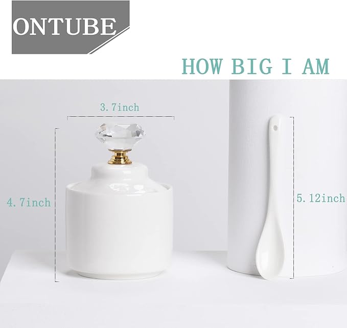 ONTUBE Porcelain Sugar Bowl with Crystal Lid and Spoon,8oz White (Crystal gold)