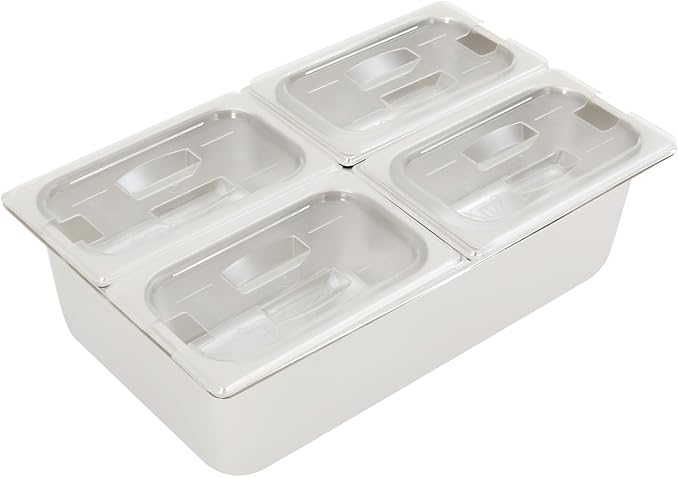 4 Pans Ice Food Serving Display Container, Stainless Steel Serving Tray Catering Supplies Buffet Display Condiment Dispenser Plate Case with Acrylic Replaceable Lids for Restaurant Hotel Kitchen