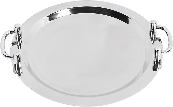 Stainless Steel Serving Tray,Mirrored Silver Tray Bright Mirror Finish Serving Tray with Handle for Hotel Restaurant Banquet Wedding - Elegant and Durable Platter (Round (Diameter 15.7in))