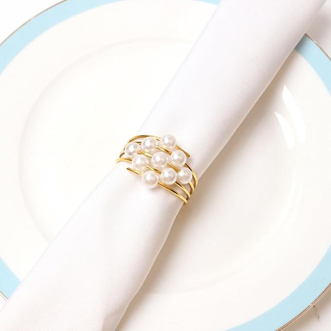 Pearl Decorative Napkin Rings Set of 12, Gold Napkin Ring with White Imitation Pearl Serviette Buckles Holder for Wedding Birthday Thanksgiving Christmas Easter Holiday Table Decor