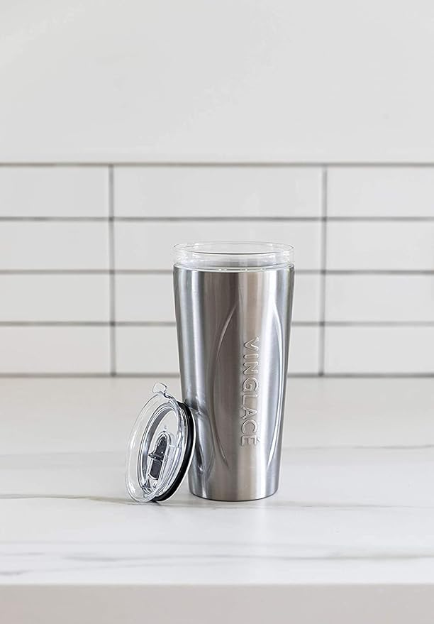 Vinglacé Stainless Steel Drink Tumbler- Insulated Hot and Cold Beverage Cup with Glass Insert and Lid, 14 oz, Rose