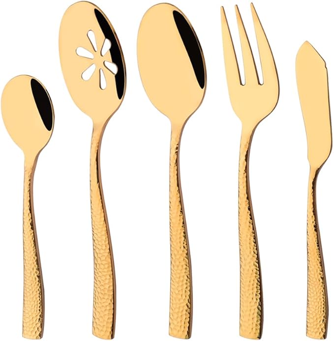 Serving Utensils Set, 5-Piece 18/8 Stainless Steel Hostess Serving Set, Elegant Hammered Serving Utensils for Home Restaurant and Buffet Catering, Heavy and Mirror Polished, Gold