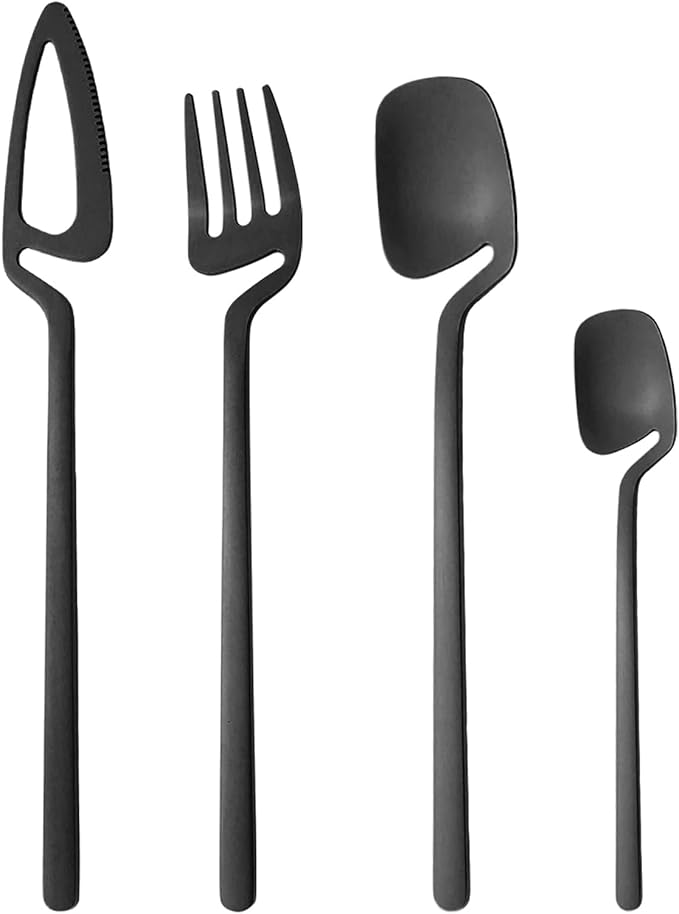 Hangable & Uinque Matte Silverware Flatware Set, 8-Pieces 18/10 Stainless Steel Cutlery Set Suitable For Family Couple Student Office Restaurant Party, Service for 2 (Black)