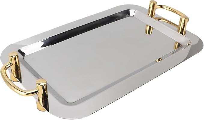 Stainless Steel Serving Plate, Elegant Mirror Finish Serving Tray Reusable Unbreakable Modern Kitchen Plates Golden with Handle for Hotel Restaurant Banquet (Rectangular (Length 18.7in))