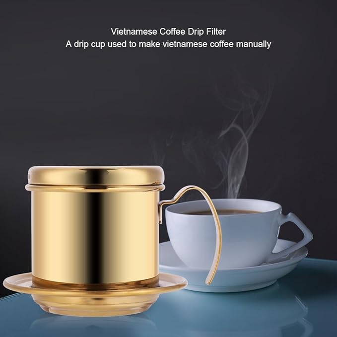 Vietnamese Coffee Dripper, Stainless Steel Vietnamese Coffee Maker Powder Capacity 15g, Heavy-Duty Small Phin Drip Filter, Dishwasher Safe, Home Use, Travel, Camping, Gift Sets (Gold)