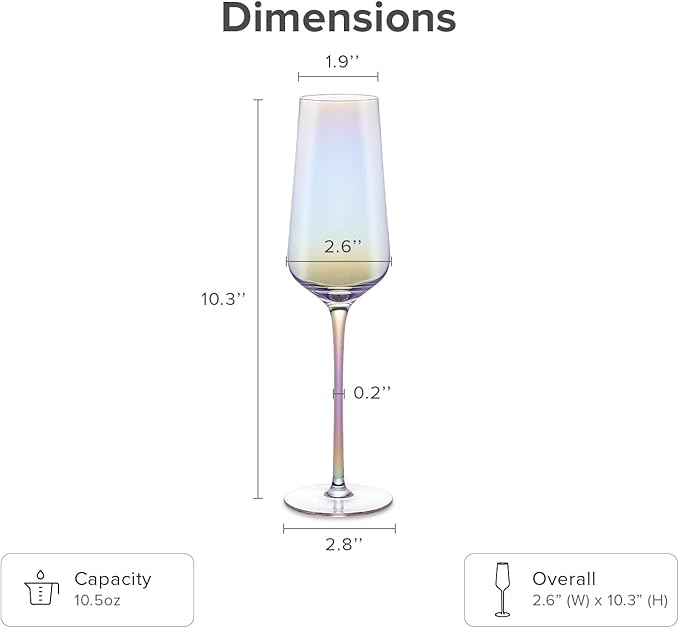 mopio Enchant Champagne Glass Flutes Set of 4, 10.5 oz, Stylish and Elegant Barware for Wedding, Party and Brunch, Colorful Drinkware Gifts in Eco-Friendly Packaging, Soda-Lime Glass (Iridescent)