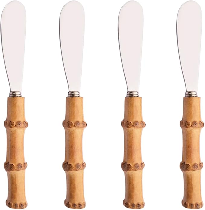 Gugrida Flatware Silverware Serving Set Silver Stainless Steel Hostess Serving Utensil Set with Bamboo Handle Dishwasher Safe, 4 pieces Butter Knife Set