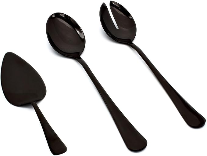 Elyon 3-Piece Black Flatware Serving Spoons, Stainless Steel Hostess Set, Reflective Mirror Finish, Salad Servers with Complimentary Pie Pastry Server, Reusable Dishwasher Safe