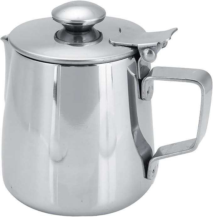 Milk Frothing Pitcher, Stainless Steel Milk Frother Cup with Lid Small Creamer Pitcher Latte Coffee Art Barista Milk Jug Cup Espresso Accessories (350ml)