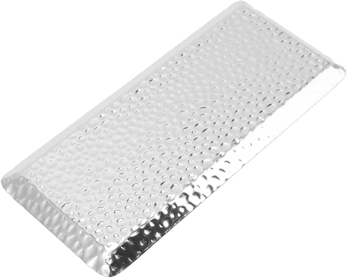 Metallic Towel Serving Tray Hammered Stainless Steel Dishwasher Safe Plate for Home Restaurant 25x11cm (Silver)