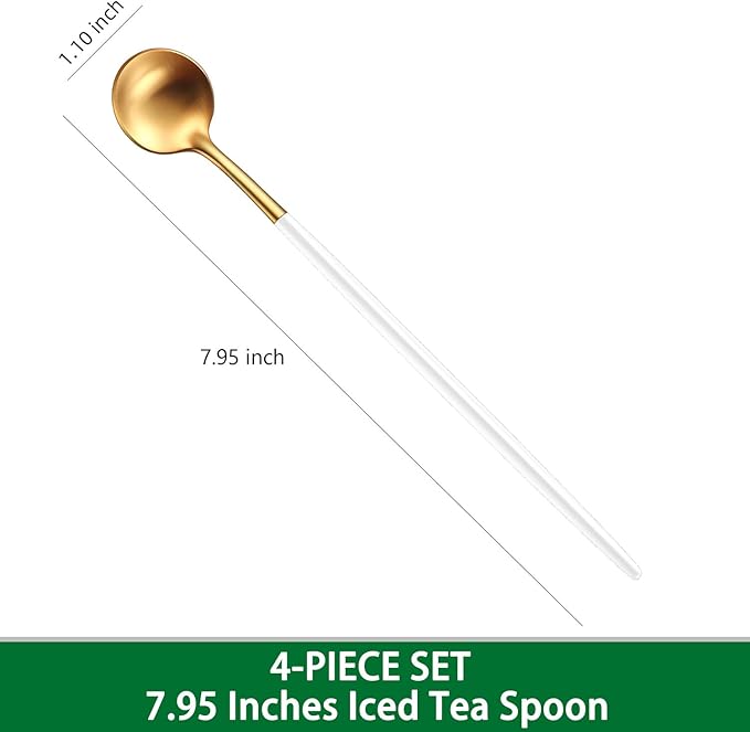 7.95 Inches Satin Gold Stainless Steel 18/10 Iced Tea Spoons With White Handle,Set Of 4 Ice Teaspoons,Long Handle Coffee Stirring Spoons,Sundae Spoon For Mixing