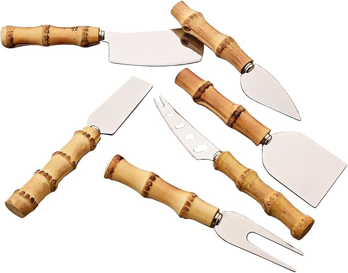6-Piece Bamboo Silverware Set, Stainless Steel Flatware Hostess Serving Set Bamboo Utensils Tableware Set for Home Camping Travel Hotel - 6pcs Cheese Knife