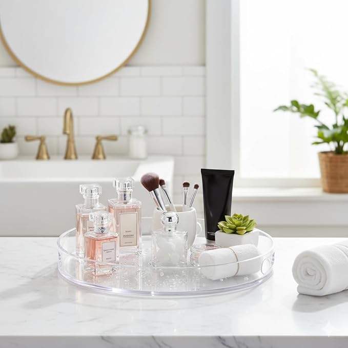 Amazing Abby - Sultana - 1-Pack Acrylic Vanity Tray (12" Dia.), Plastic Bathroom Countertop Organizer, Round Coffee Table Tray, Clear Dish for Home Decor, Great for Makeup, Perfume, Jewelry, and More